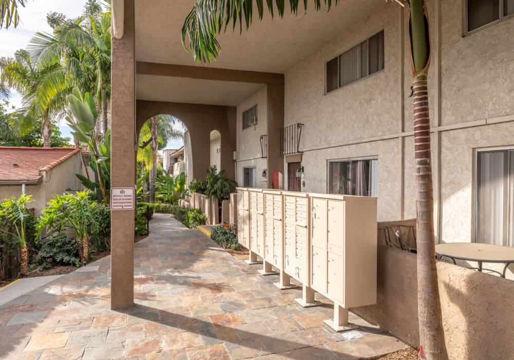 Mail boxes outside at North Pointe Villas in La Habra, California