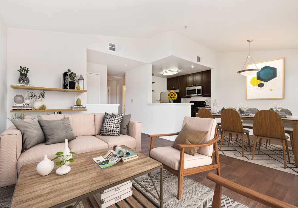 Spacious living room with a comfortable couch at La Vina Apartments in Livermore, California