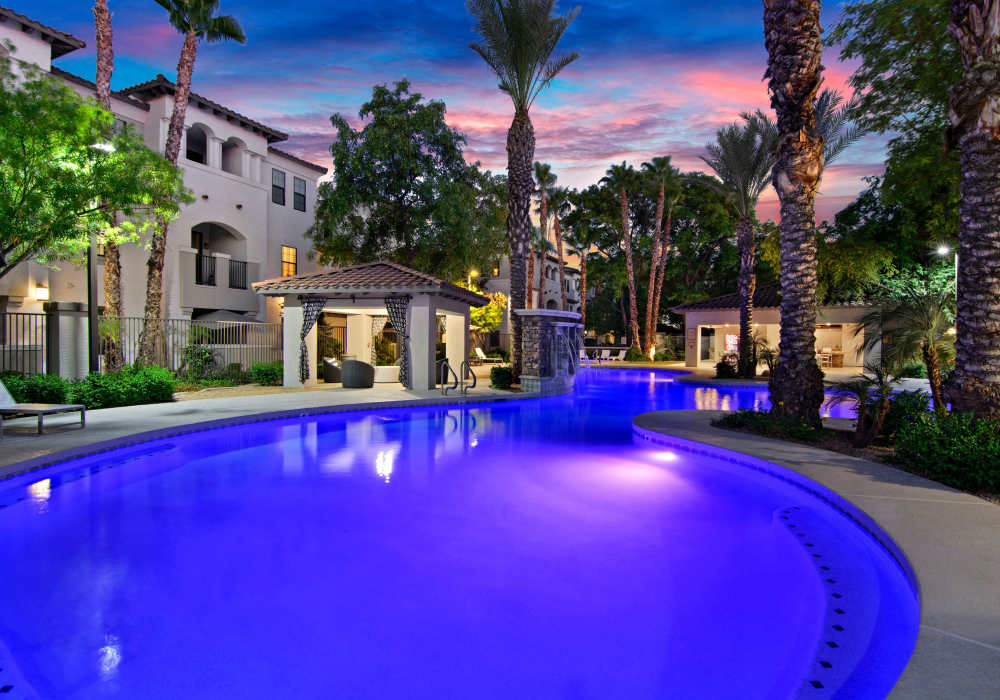 Swimming pool with lights at San Marquis in Tempe, Arizona