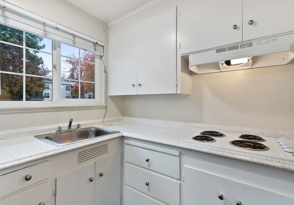 Kitchen with a window and white cabinetry at Parkway Apartments in Fremont, California
