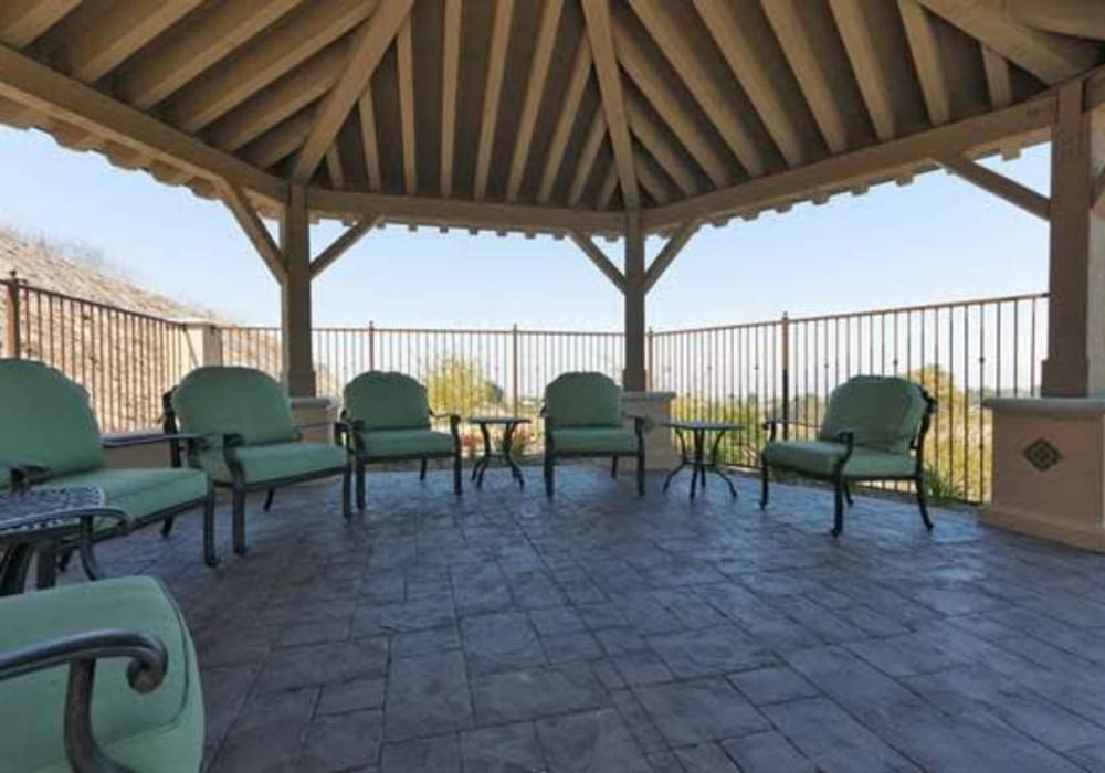 Covered outdoor seating at Mirandela in Rancho Palos Verdes, California