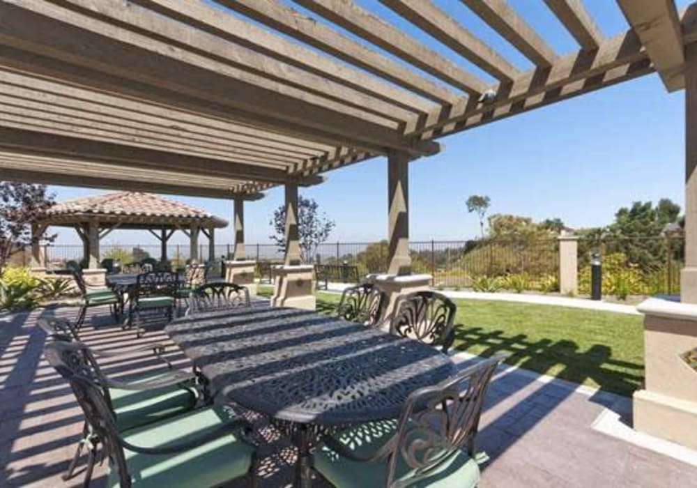 Outdoor patio seating at Mirandela in Rancho Palos Verdes, California