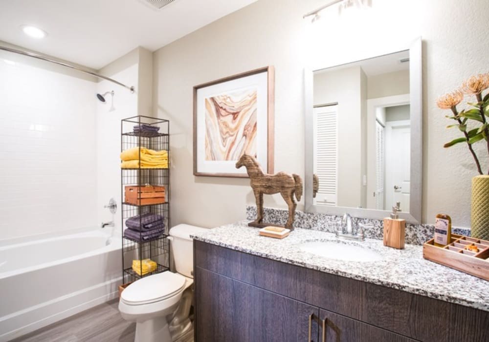 Apartment bathroom with granite counters at Shalimar at Davie in Davie, Florida