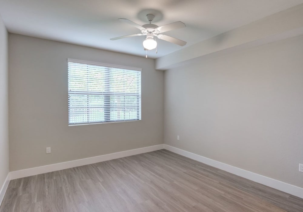 Hardwood flooring and ceiling fan in apartment bedroom at Shalimar at Davie in Davie, Florida