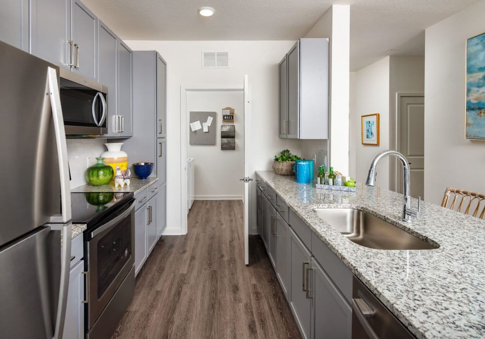 Apartment kitchen with granite counters and stainless-steel appliances at The Iris at Northpointe in Lutz, Florida