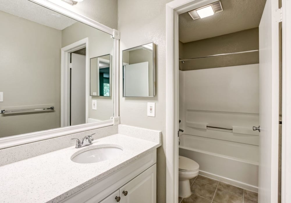 Apartment bathroom with large vanity mirror at Stone Creek in Tampa, Florida