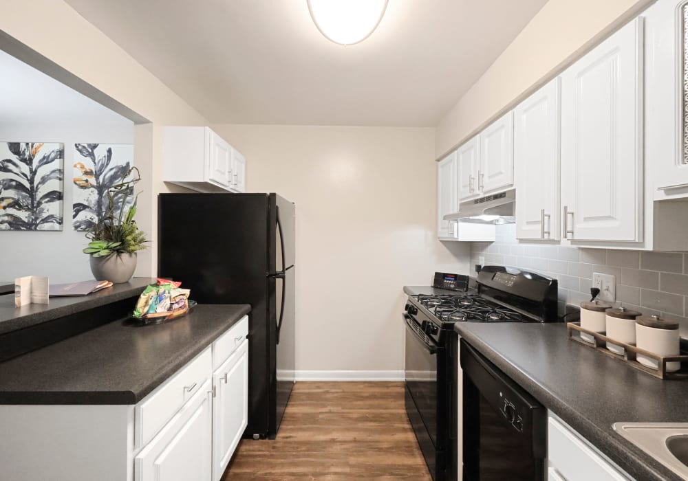 Kitchen with modern appliances at The Seasons Apartments in Laurel, Maryland