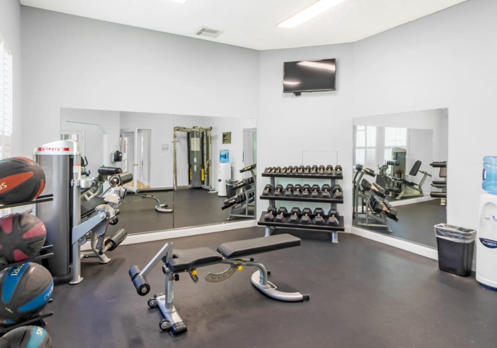 Fitness center with dumbbells at Coventry Green in Goose Creek, South Carolina