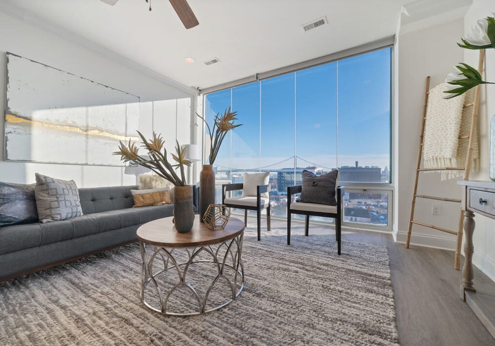 Open and modern living room at Residences at 1 Brown in Philadelphia, Pennsylvania