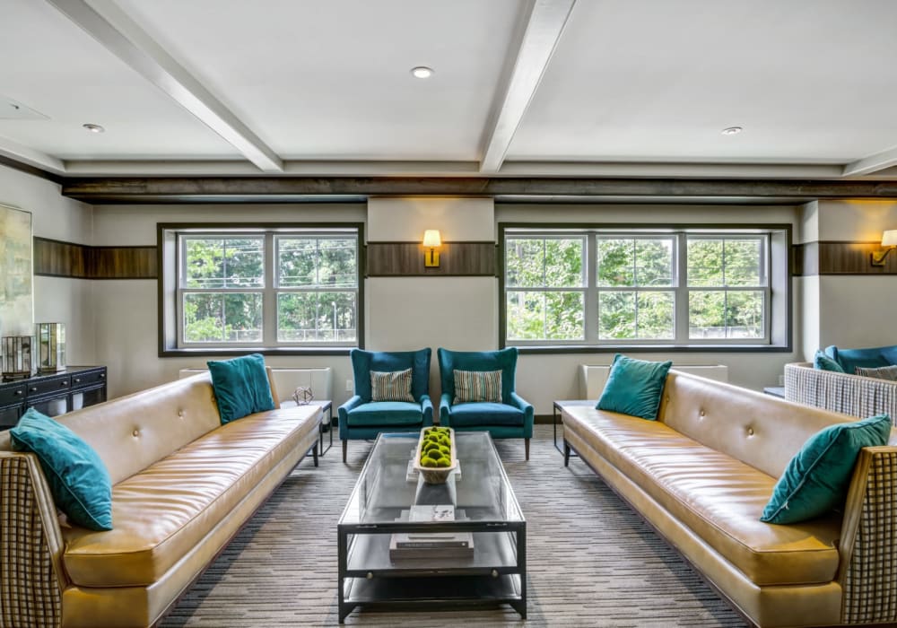 Resident lounge with modern details at The Sheldon at Suffern Station in Suffern, New York