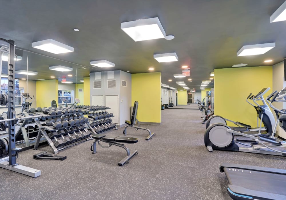 Fitness center with modern details at The Sheldon at Suffern Station in Suffern, New York