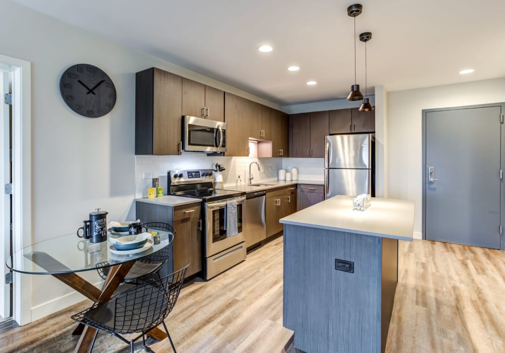 Modern kitchen and dining room at One Wheeling Town Center in Wheeling, Illinois