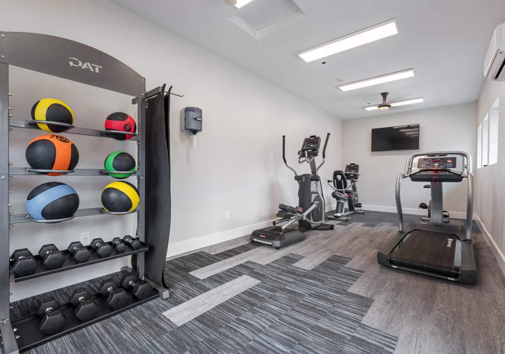 Well-equipped fitness center at La Vina Apartments in Livermore, California