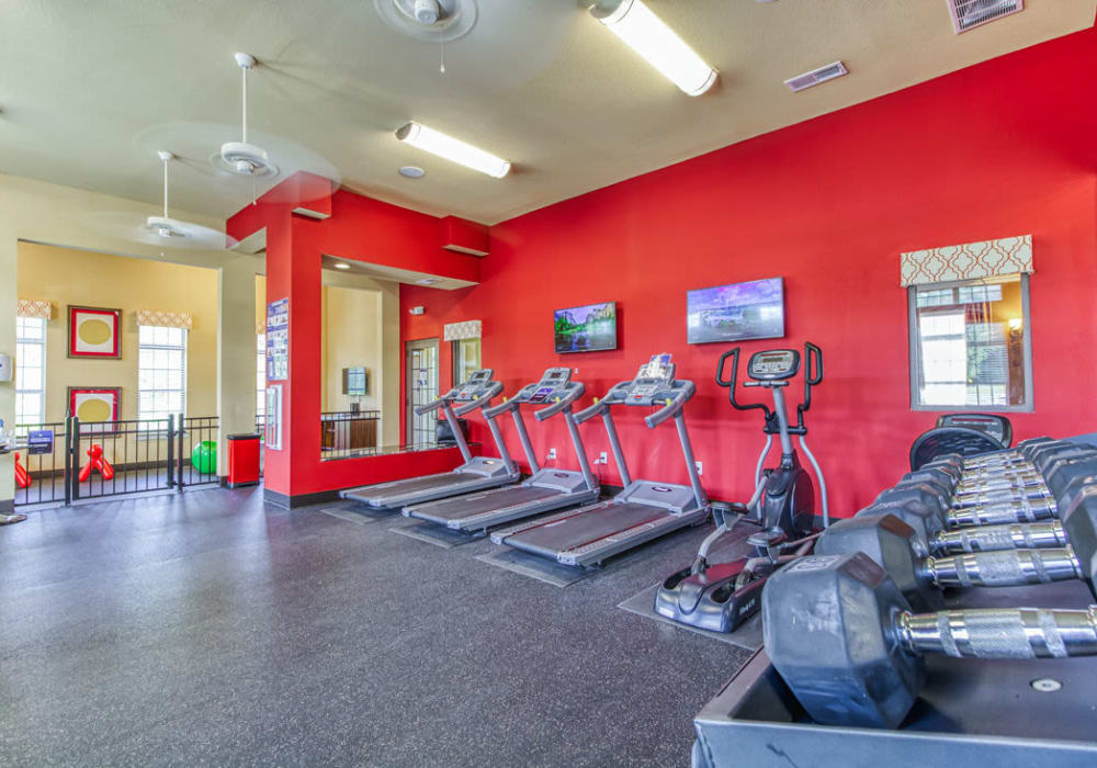 Fitness center with red wall at Heron Pointe in Nashville, Tennessee