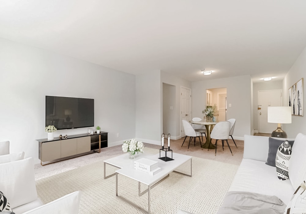 White themed living room at Eagle Rock Apartments at Mineola in Mineola, New York