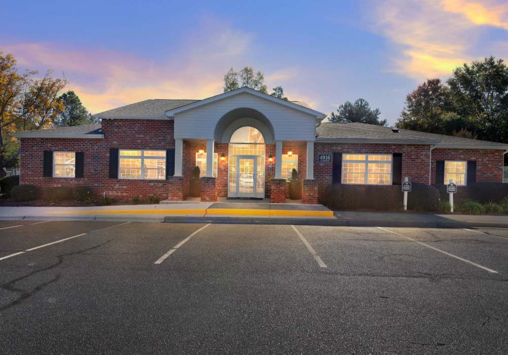 Leasing office at dusk at Featherstone in Durham, North Carolina