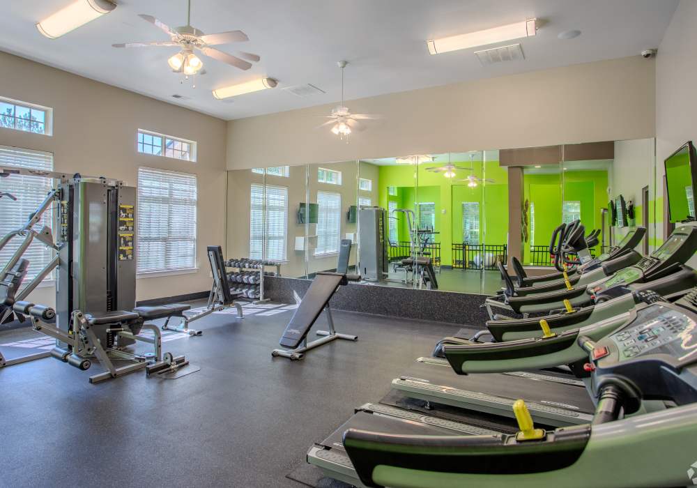 Fitness center with treadmill and weights open 24-hours at Maystone at Wakefield in Raleigh, North Carolina