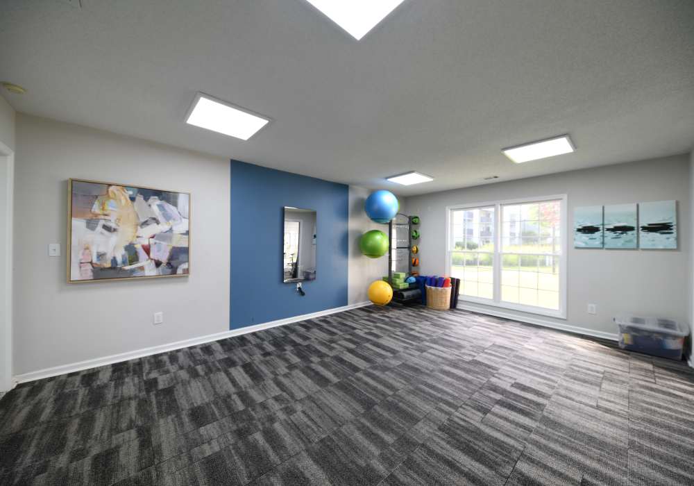 Spacious yoga studio in the clubhouse at Ascent Apartment Homes in Asheville, North Carolina