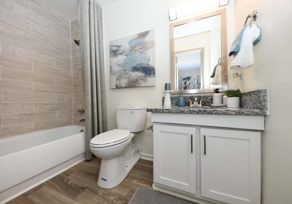 bathroom with white cabinets, large vanity mirror and tub/shower combo  at Ascent Apartment Homes in Asheville, North Carolina