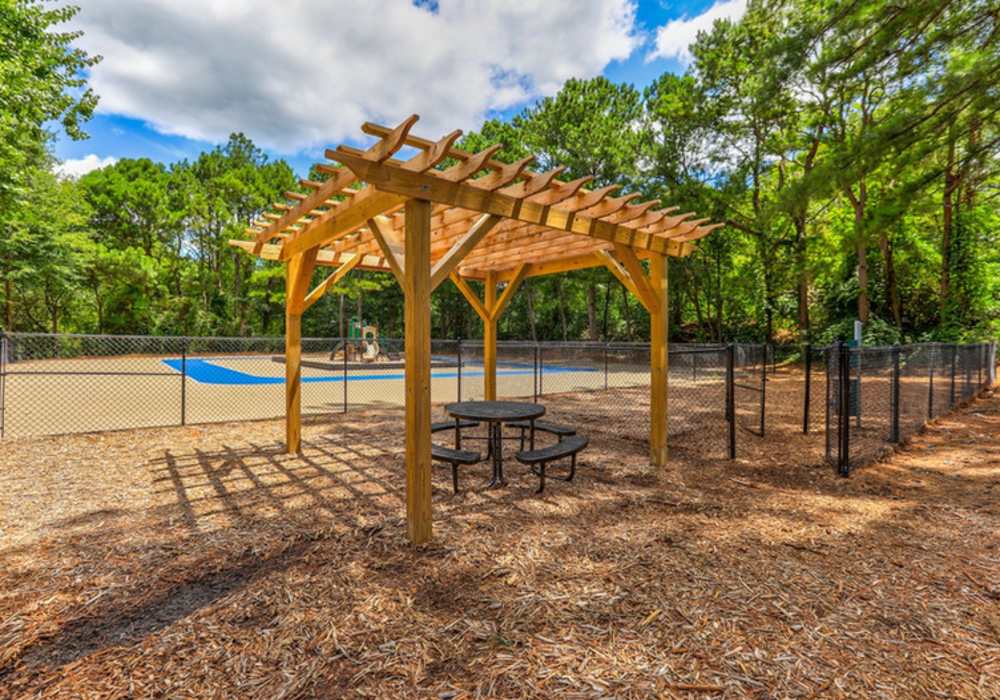 Pergolas with seating bench at Meadow Crossing in Conyers, Georgia