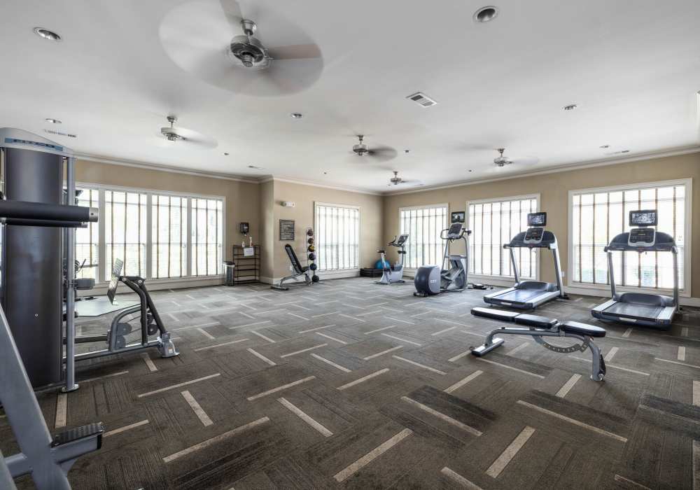 A gym with treadmills and weight machines and windows to look out at the community at Wembly At Overlook in Macon, Georgia