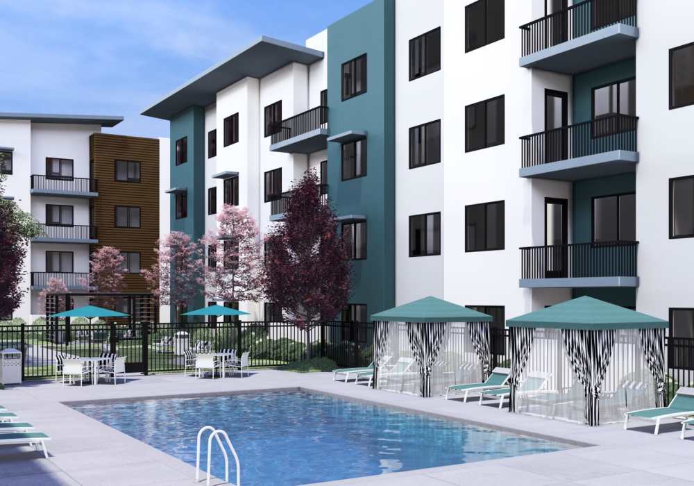 Beautiful view of the apartment pool at Zinc 1501 in Sacramento, California