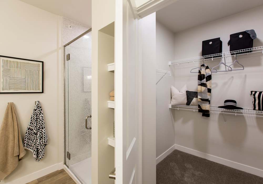 Bathroom with shower and selves for storage at Altair At The Heights in Richmond Heights, Missouri