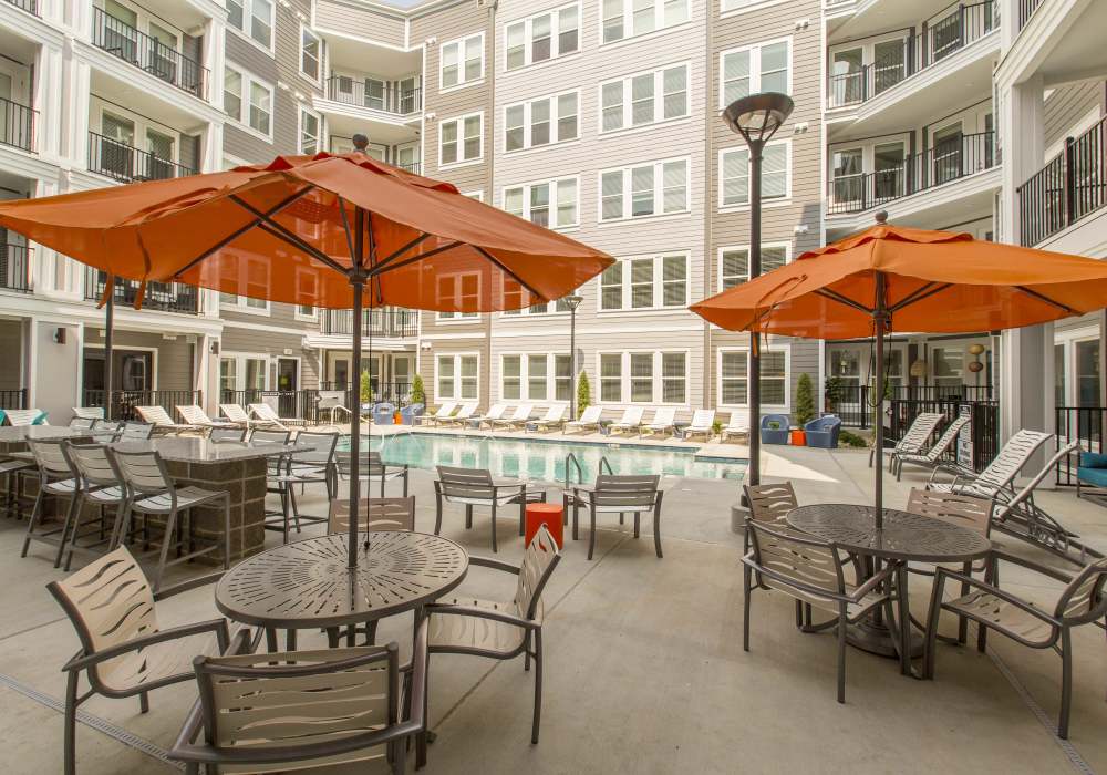 Orange color canopies at Altair At The Heights in Richmond Heights, Missouri 