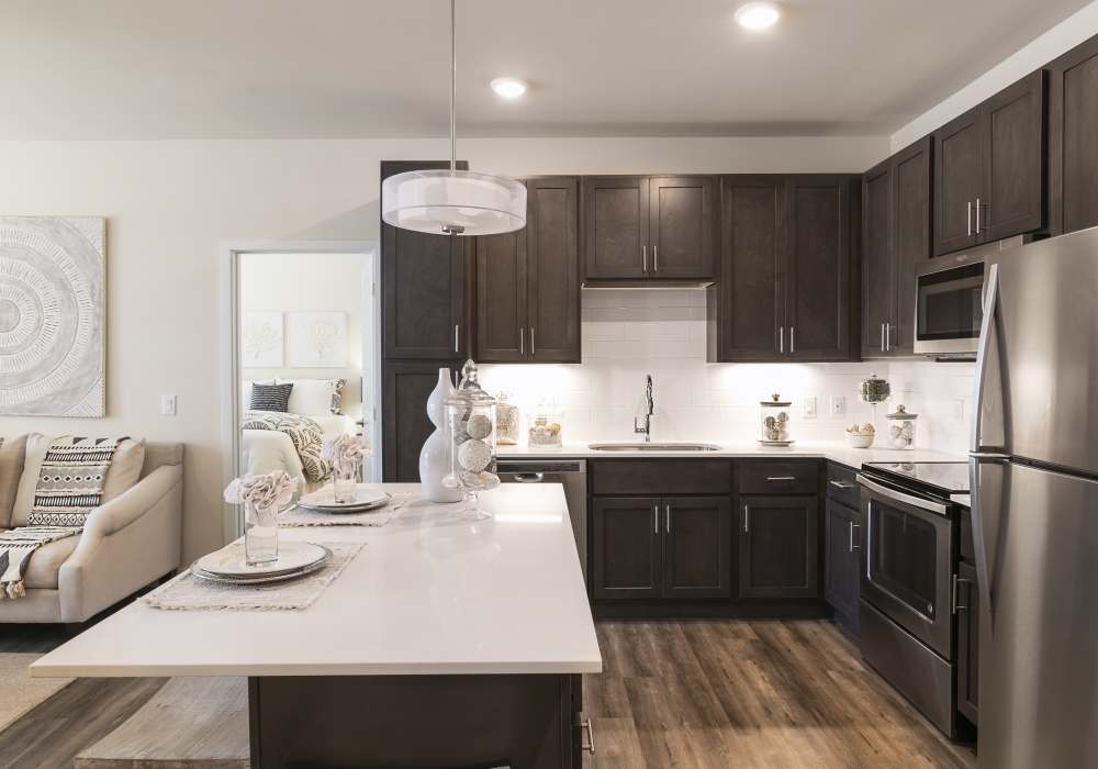 Kitchen with a range, dishwasher and a stainless-steel sink at Altair At The Preserve in O'Fallon, Missouri