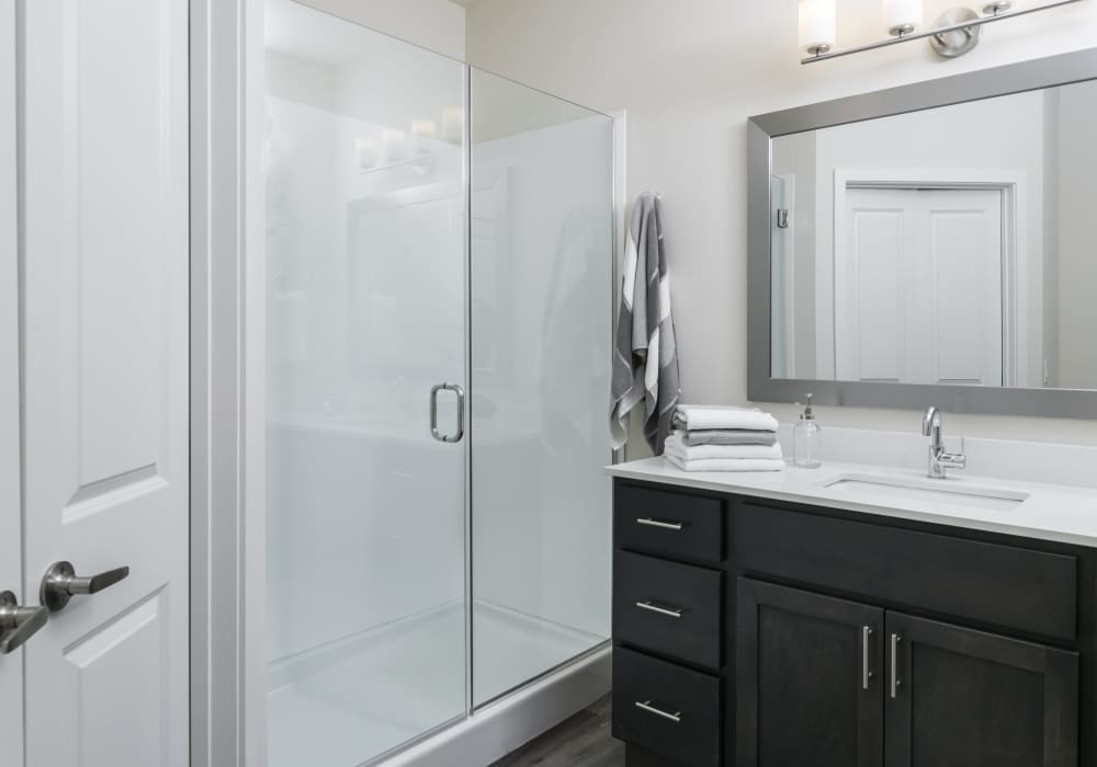 Spacious bathroom with accessible, walk-in shower at Altair At The Preserve in O'Fallon, Missouri
