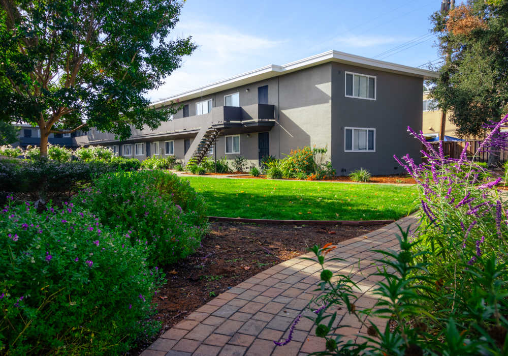 outdoor walkway view at Garden Court Apartments in Alameda, California