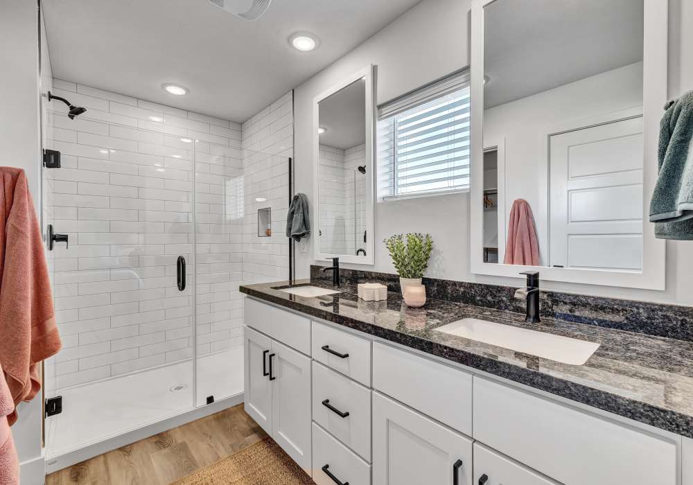 Primary bathroom featuring double sink vanity & walk-in shower 