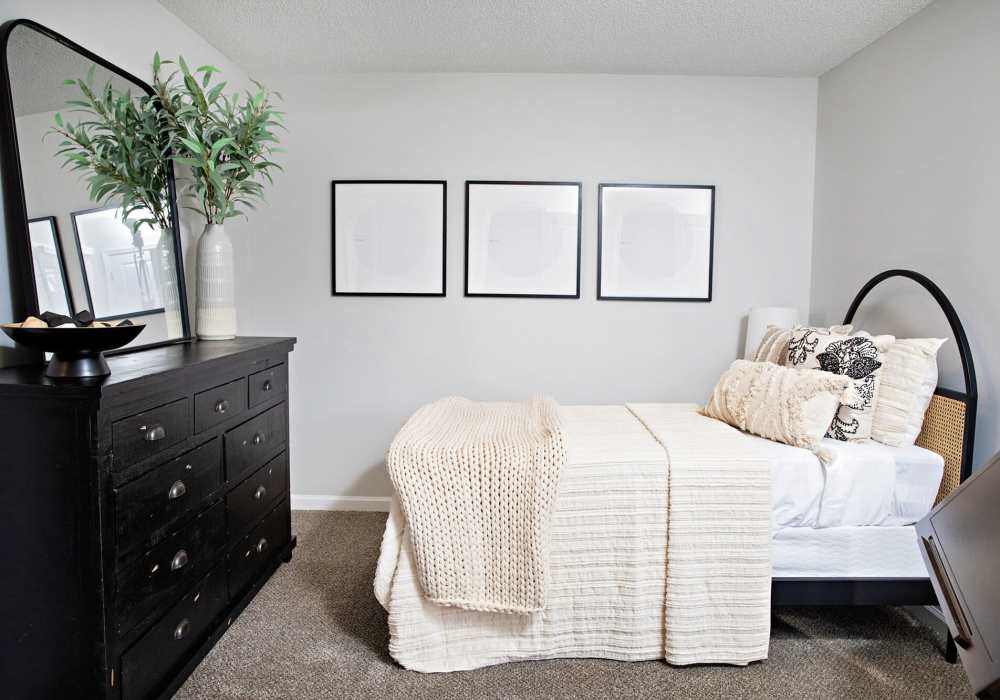 Bedroom with large mirror and shelves at Edge at Concord in Concord, North Carolina, 