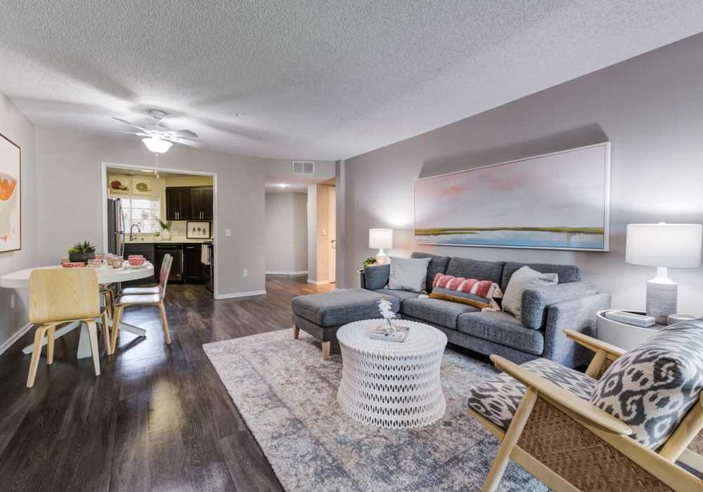 Stylish living room with large sofa and coffee-table at The Bluffs in Rancho Cucamonga, California