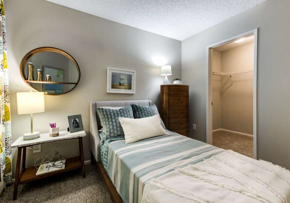 Bright bedroom with walk-in closet at The Bluffs in Rancho Cucamonga, California,