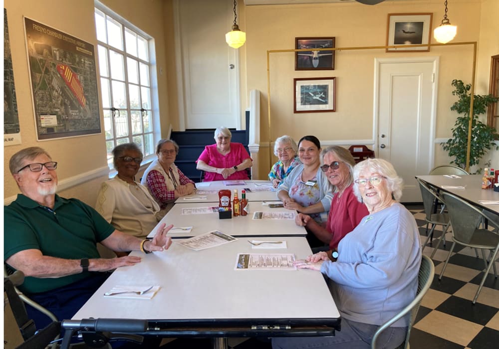 Residents out for a meal together at Truewood by Merrill, Fig Garden in Fresno, California