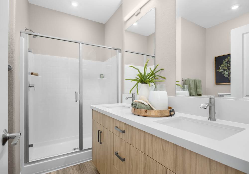 Bathroom with walk-in shower at Vida at Mountain House in Mountain House, California