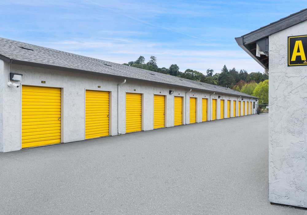 A row of self storage units for rent at BuxBear Storage Aptos in Aptos, California