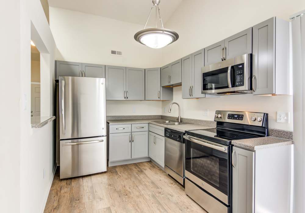 Apartment kitchen with stainless-steel appliances at Doria Apartments and Townhomes in Virginia Beach,Virginia