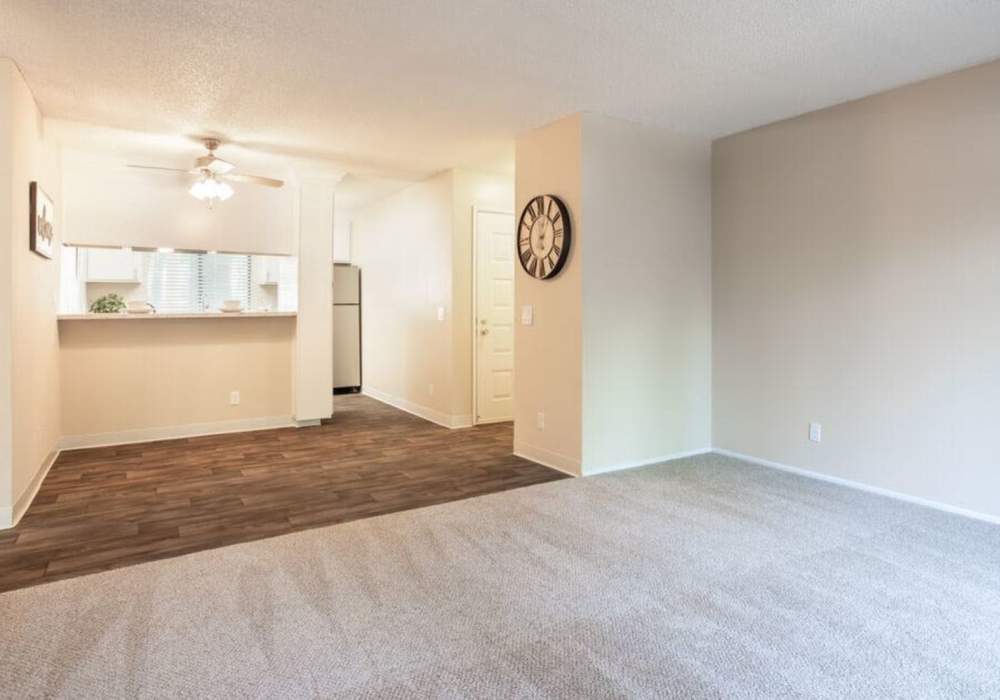 Kitchen view from unfurnished living room at Amber Court in Fremont, California