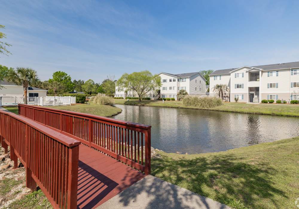 Foot bridge going over the lake at River Landing in Myrtle Beach, South Carolina