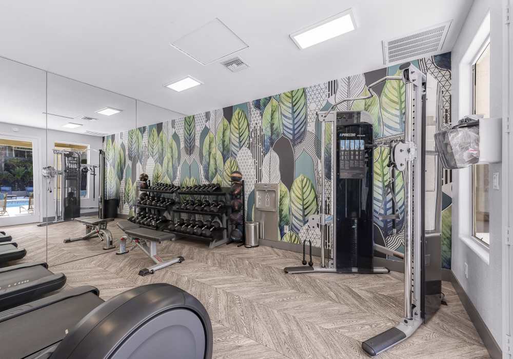 View of the pool area from the fitness center at Sofi Canyon Hills in San Diego, California