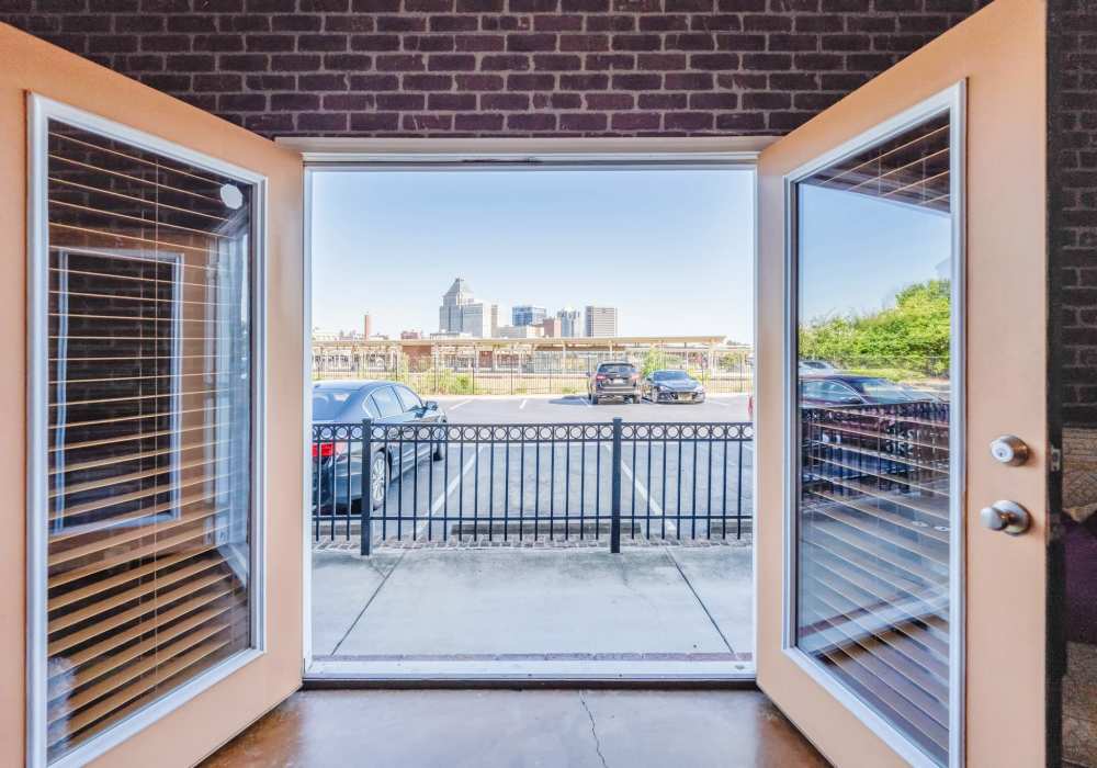 French doors in the living room at CityView Apartments in Greensboro, North Carolina 