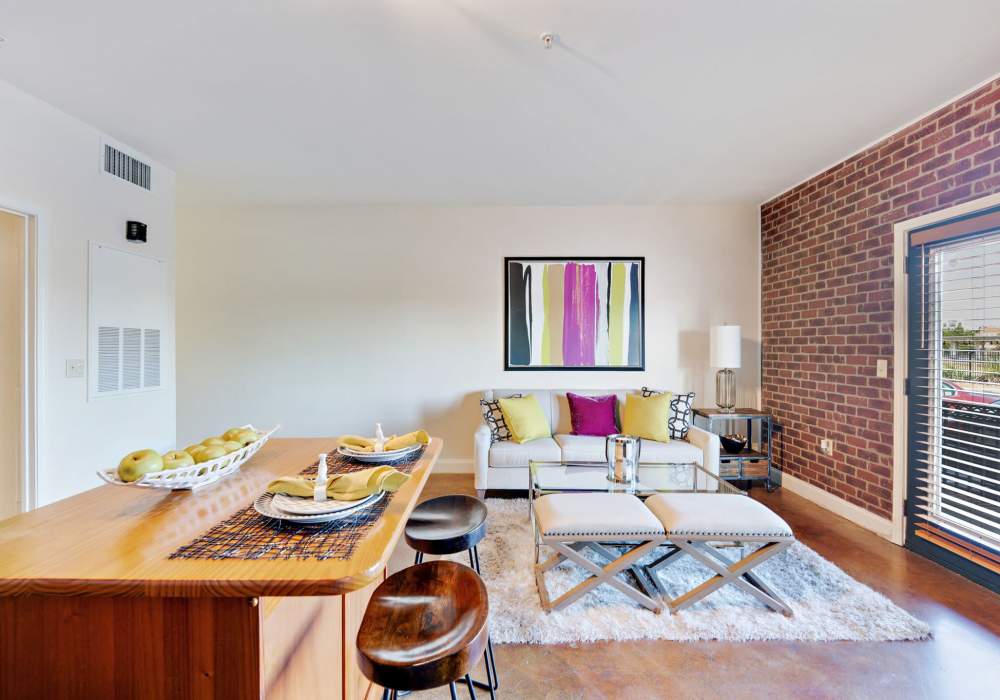 Kitchen with moveable island and bar stools, sleek black appliances open concept living room and lounge with french doors opening to the outside at CityView Apartments in Greensboro, North Carolina 