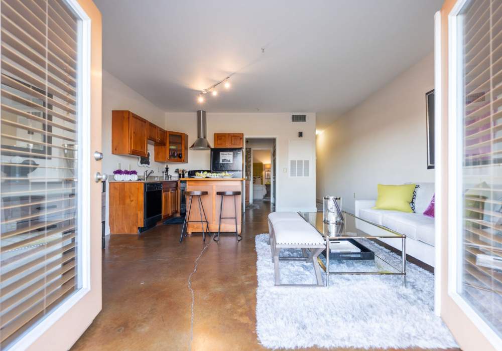 French doors in the living room at CityView Apartments in Greensboro, North Carolina 