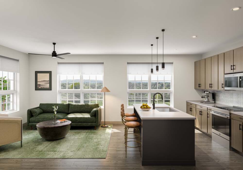Apartment with open kitchen and well-furnished living space at Oldham & Worth in Raleigh, North Carolina