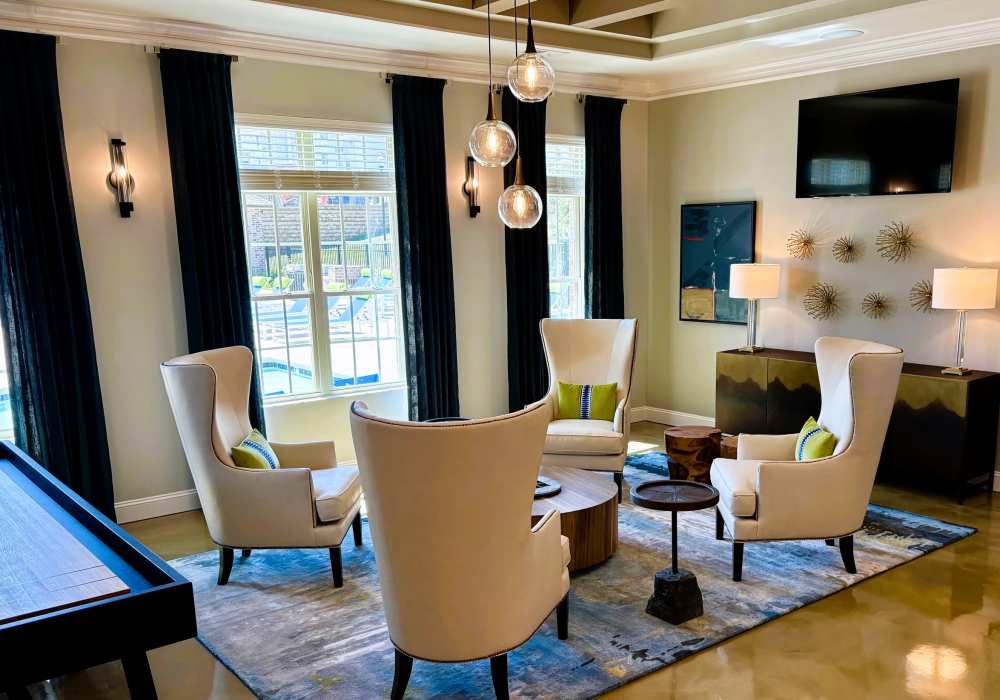 Ambient lighting in the clubhouse at Carroll at Cane Ridge Apartments in Antioch, Tennessee