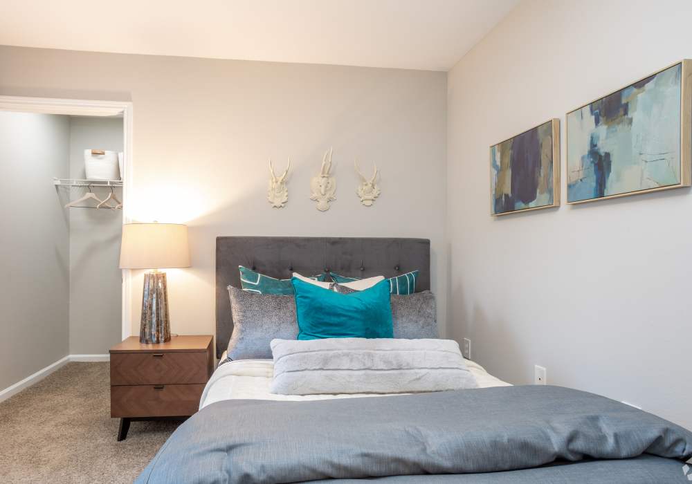 Bright and spacious modern bedrooms with ceiling fan at Featherstone in Durham, North Carolina