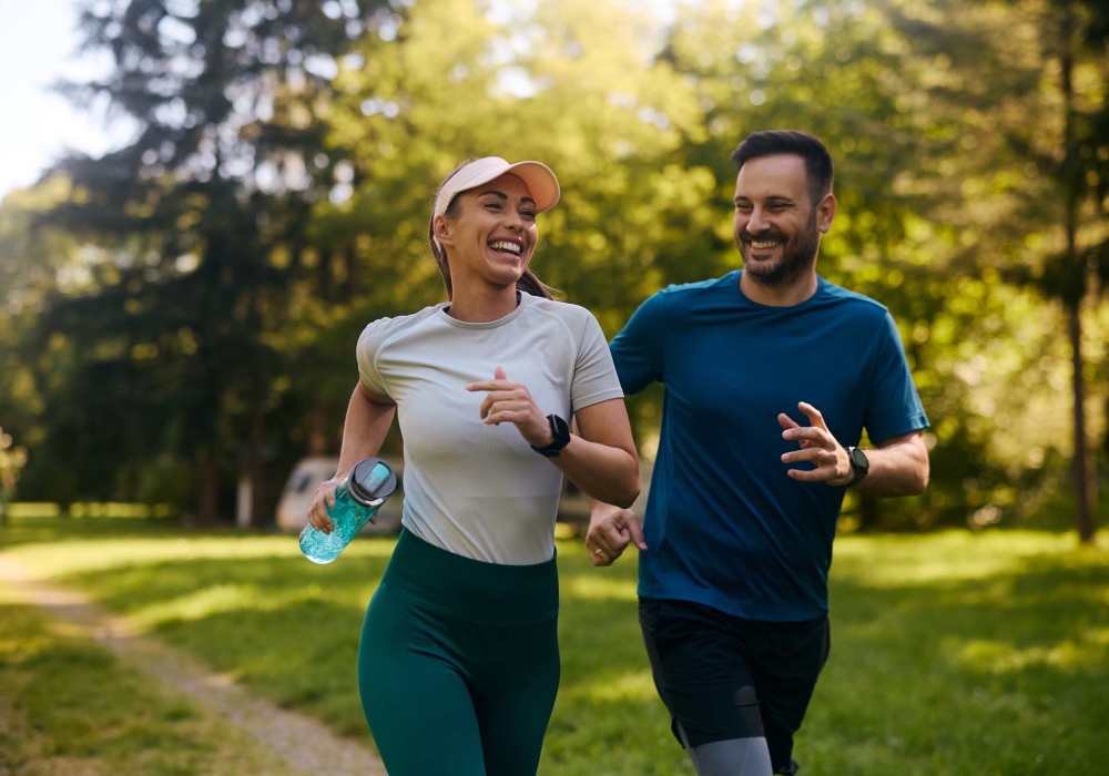 Friends jogging at Cresta Bella in San Diego, California