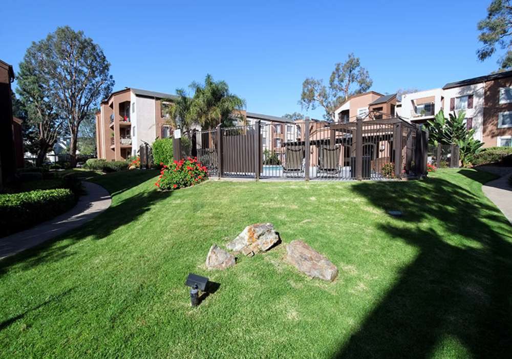Delightful community with lush landscaping at River Run Village in San Diego, California